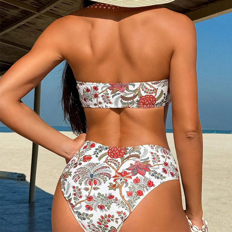 Women's printed bandeau swimsuit with triangle top and matching shorts, adjustable tie straps