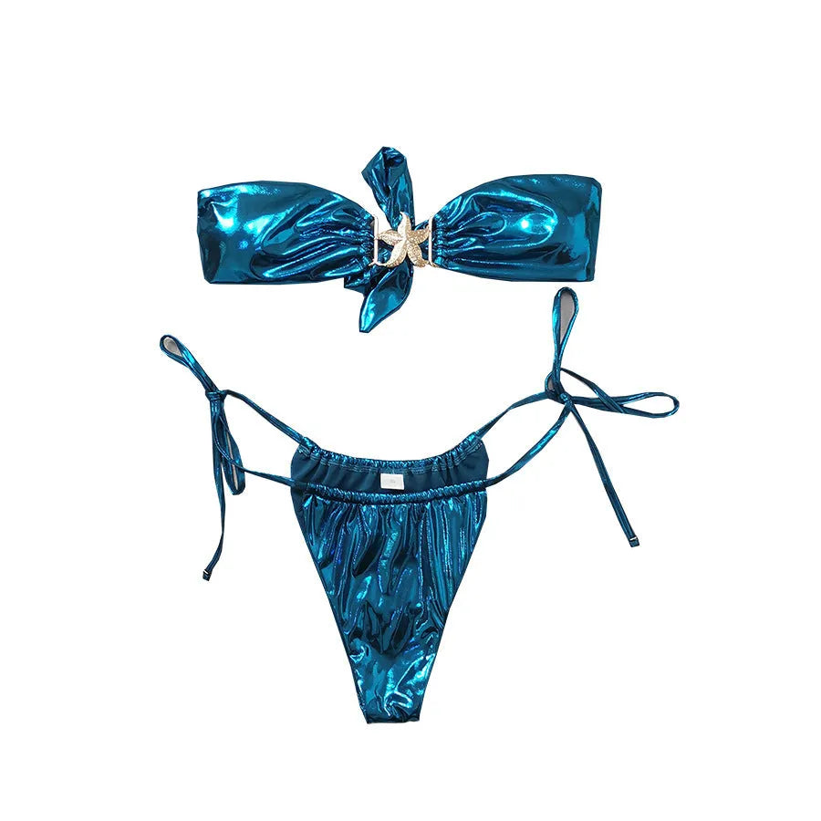 Women's tube top split bikini in sapphire blue with glossy fabric and backless design for swimming