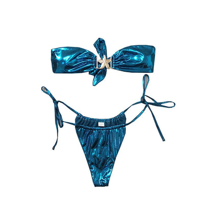 Women's tube top split bikini in sapphire blue with glossy fabric and backless design for swimming