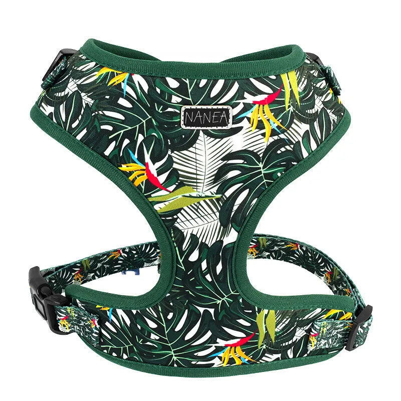 Six-piece adjustable cloth pet harness set with 1.5m haulage rope, collar, pick-up bag, bow tie, and triangular scarf