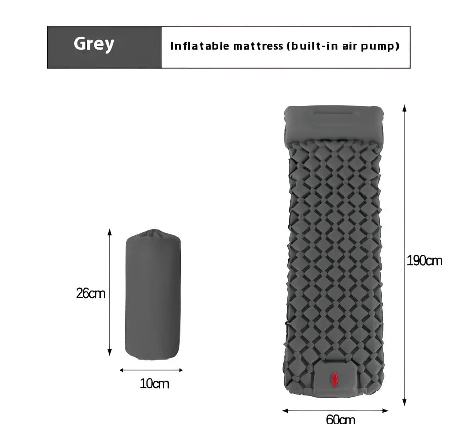 LT-88 navy blue inflatable sleeping pad showing 190cm length and integrated foot strap pillow design