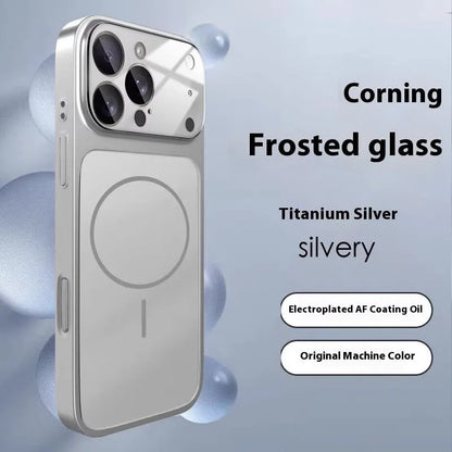 Frosted tempered glass iPhone case with magnetic ring on back, shown in titanium colour.