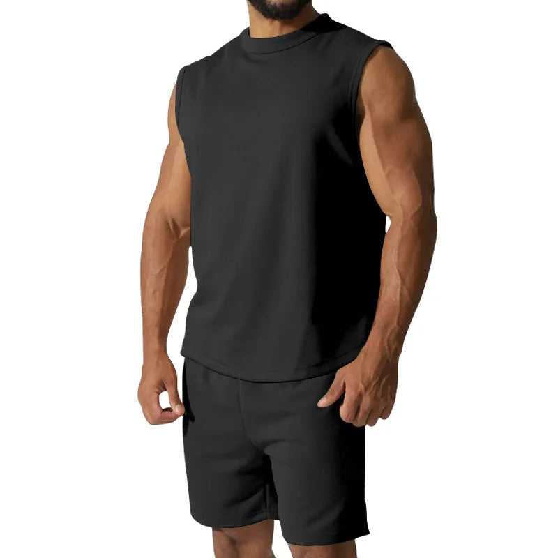 Men's sleeveless cotton blend sports suit set with shorts in multiple solid colour options