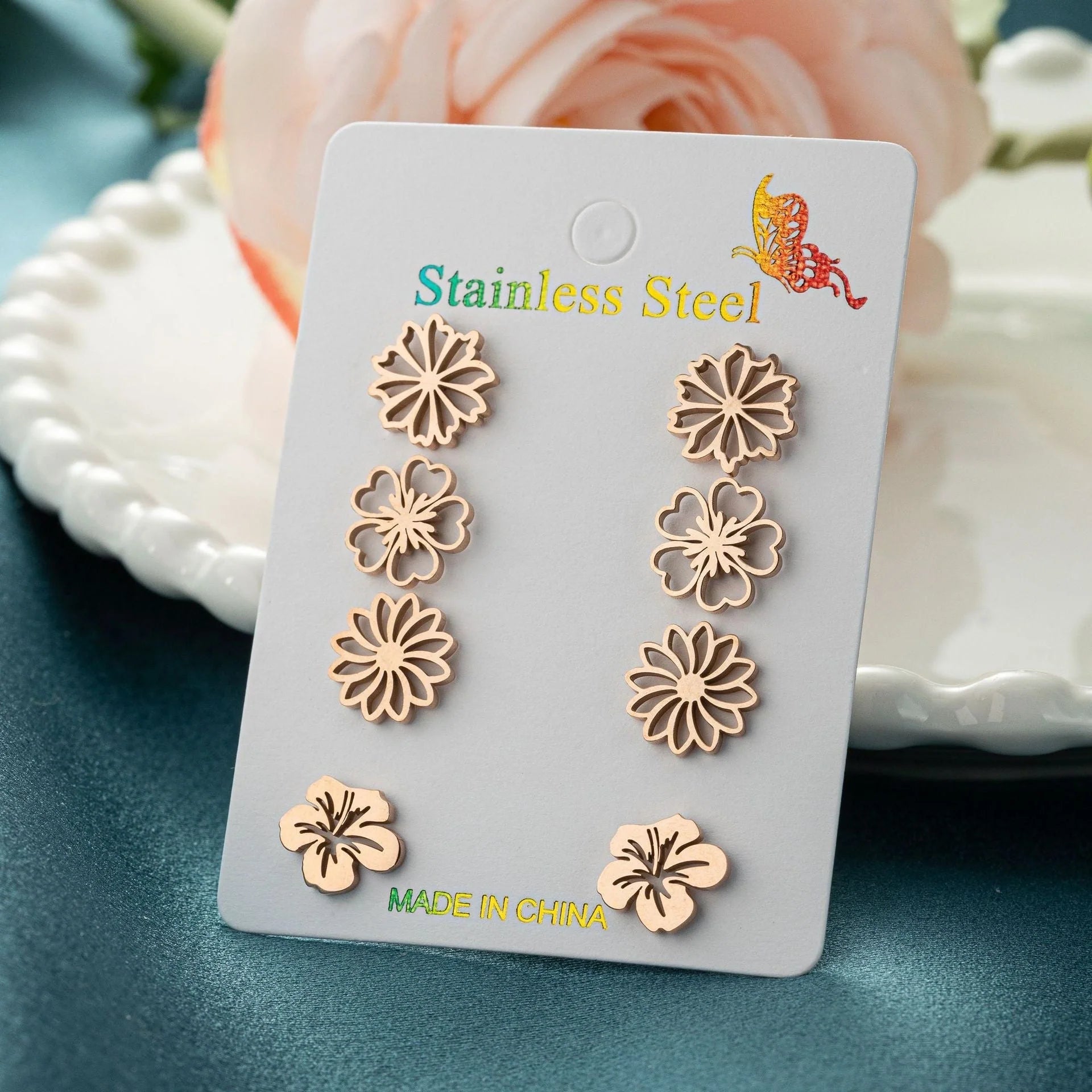 Fashion Simulation Stud Earrings Little Suit in gold, steel, rose gold, and black colors