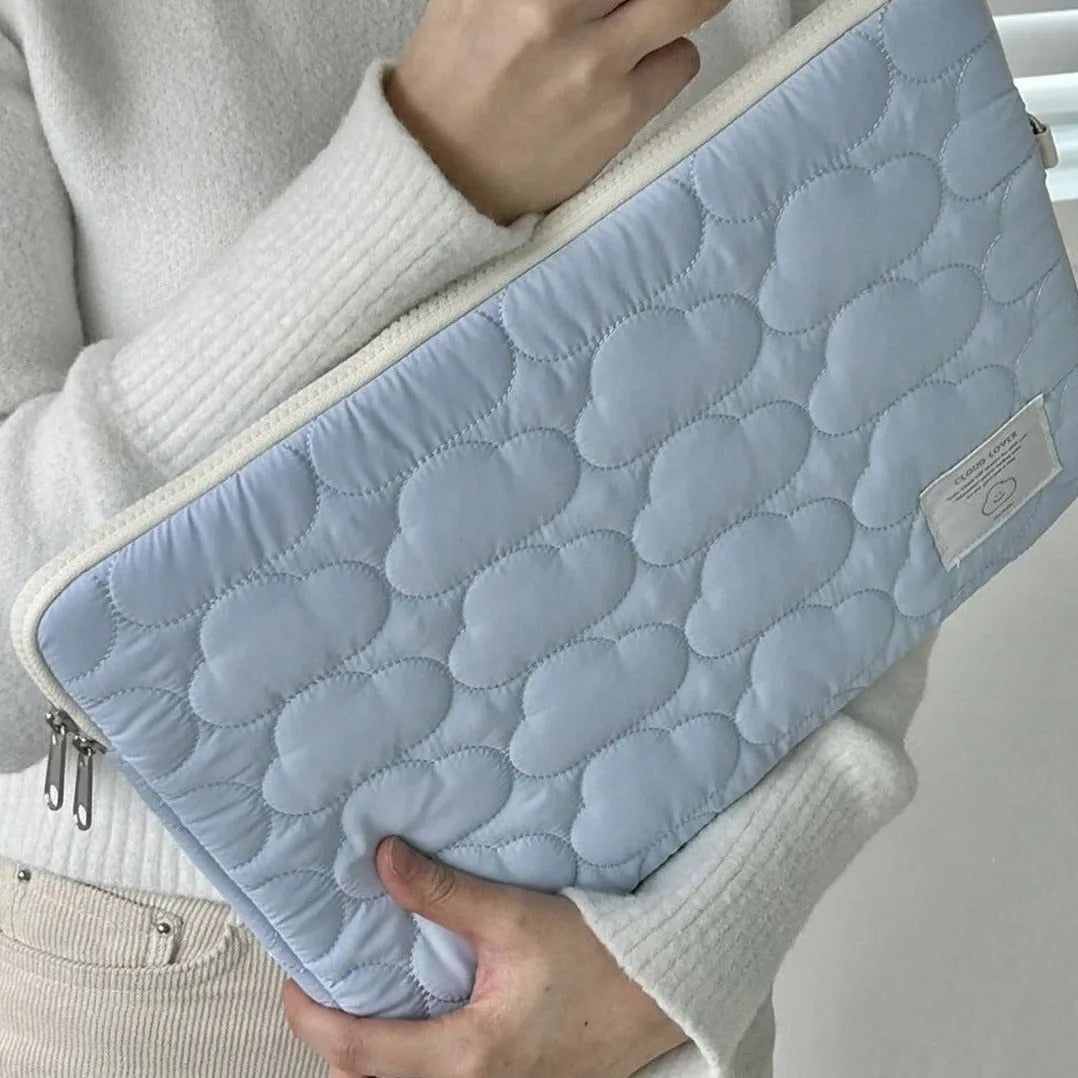 Cloud embroidery cotton notebook storage bag for iPad and tablet PC in white or blue, 11 to 15.6 inch sleeve