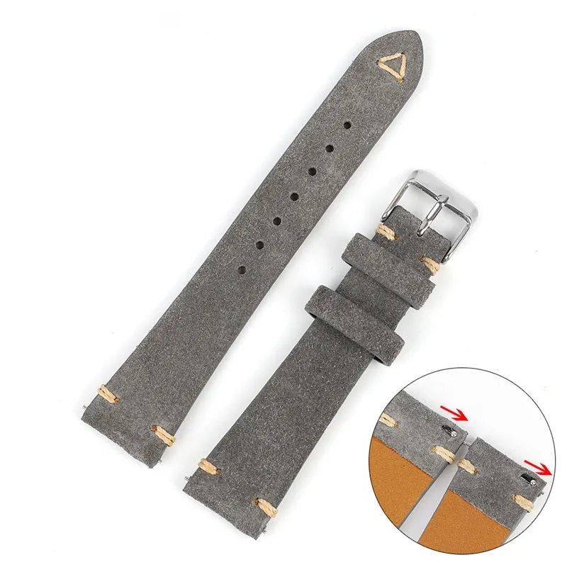 Suede leather watch strap in brown, blue, gray, or Army Green with 20mm or 22mm width options