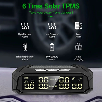 Solar external tyre pressure monitor with colour digital screen for six-wheel vehicles