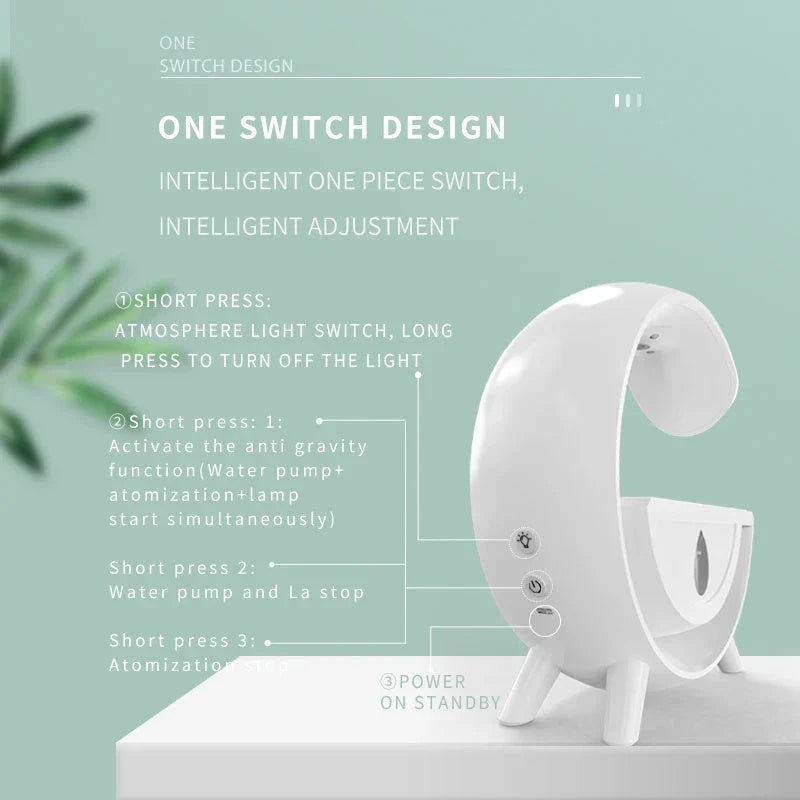 Anti-gravity air humidifier with LED lighting in white color, featuring water droplet animation and multi-color illumination