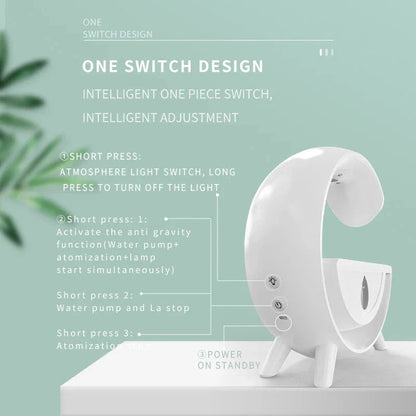 Anti-gravity air humidifier with LED lighting in white color, featuring water droplet animation and multi-color illumination