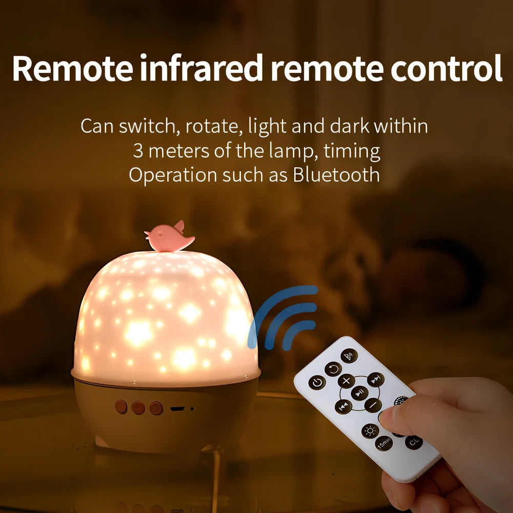 Projection lamp showing constellation pattern with Bluetooth speaker and remote control