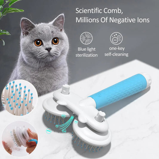 Double-headed negative ion pet brush with self-cleaning feature in pink, blue, and grey