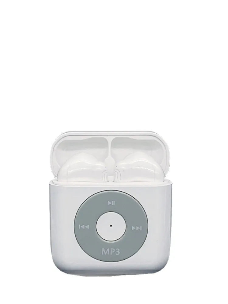 White wireless Bluetooth earphones with semi in-ear design and charging case featuring 32g memory