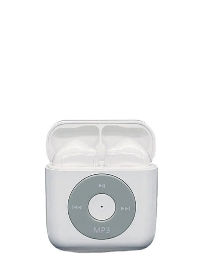 White wireless Bluetooth earphones with semi in-ear design and charging case featuring 32g memory