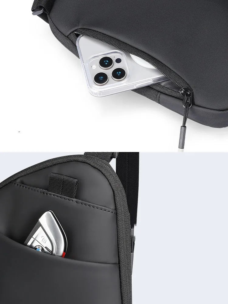 Men's elegant black Oxford cloth crossbody bag with sewing thread detailing