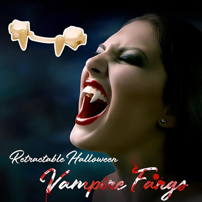 Retractable vampire teeth showing extended 2cm fangs with spring mechanism