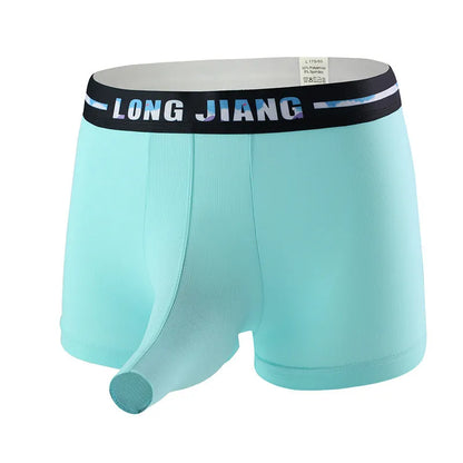 Men's grey blue ice silk trunk open boxers laid flat, showing mid-waist and knitted fabric texture.
