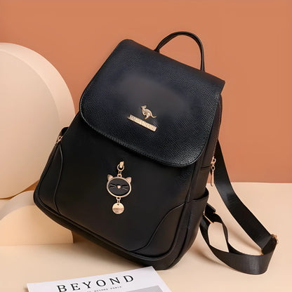 Casual black PU leather women's backpack with a three-dimensional front pocket and street style design.