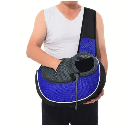 A stylish and secure crossbody bag designed to carry pets comfortably on the go, featuring adjustable drawstring closure and bottom zipper for easy access.