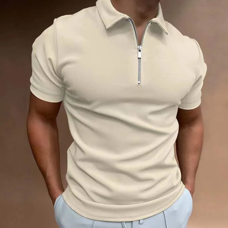 Men's casual short sleeve POLO shirt loose fit polyester plain pattern navy blue white dark green khaki black light blue light grey