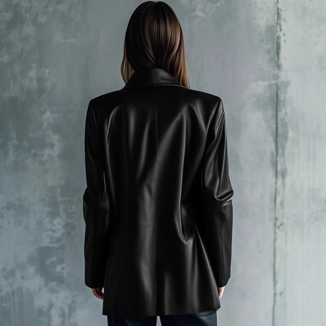 Women's black leather-style jacket with medium 65cm length and long sleeves