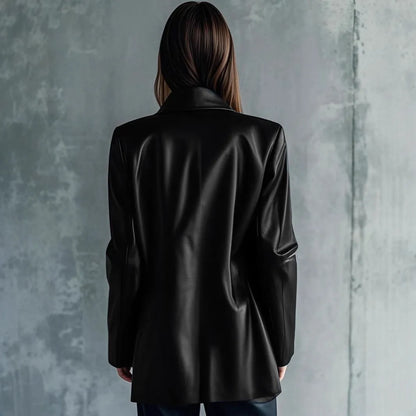Women's black leather-style jacket with medium 65cm length and long sleeves