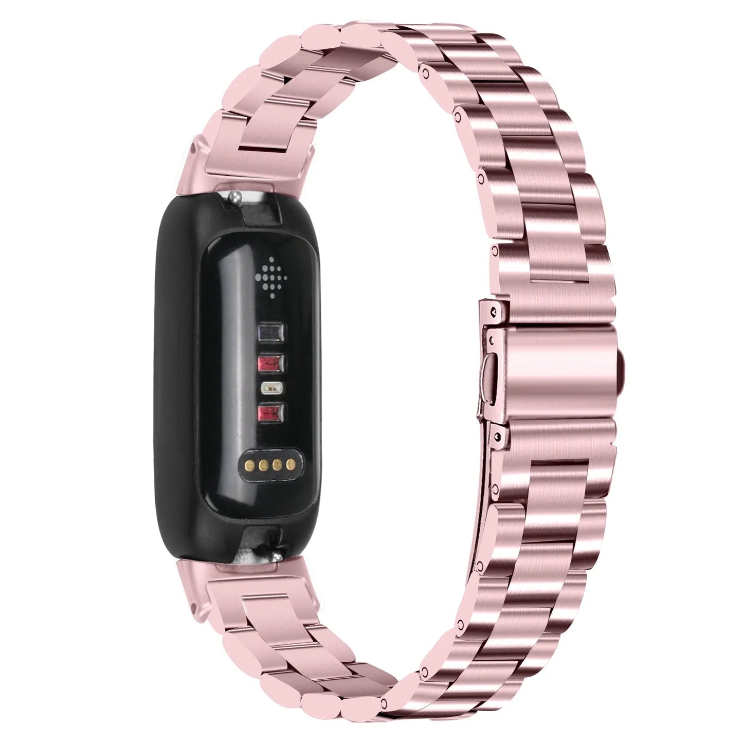 Three-bead stainless steel watch strap for Fitbit Inspire 3 in rose gold on a wrist