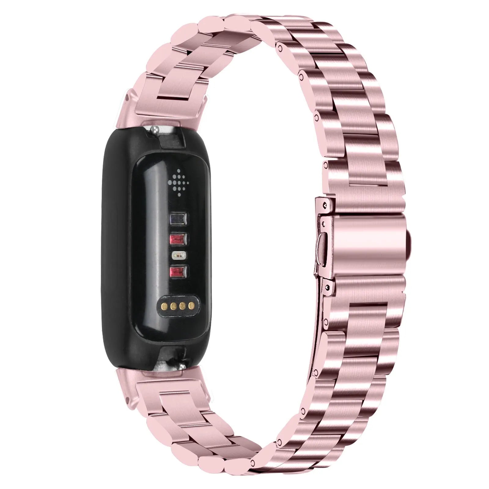 Three-bead stainless steel watch strap for Fitbit Inspire 3 in rose gold on a wrist
