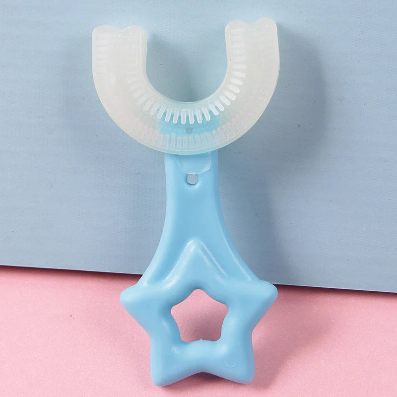 U-shaped baby toothbrush in soft silicone for kids, available in multiple colors