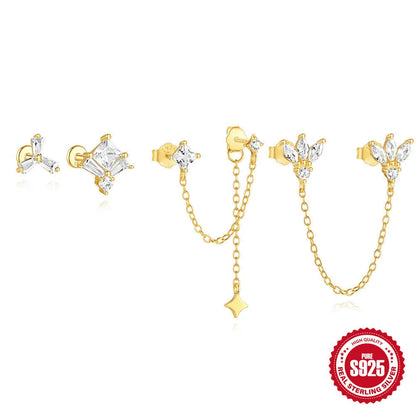 S925 sterling silver zircon stud earrings with a delicate 1.5cm gold-tone chain drop, shown in clover design.