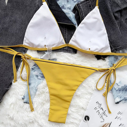 Women's bright yellow triangle strap swimsuit with adjustable fit