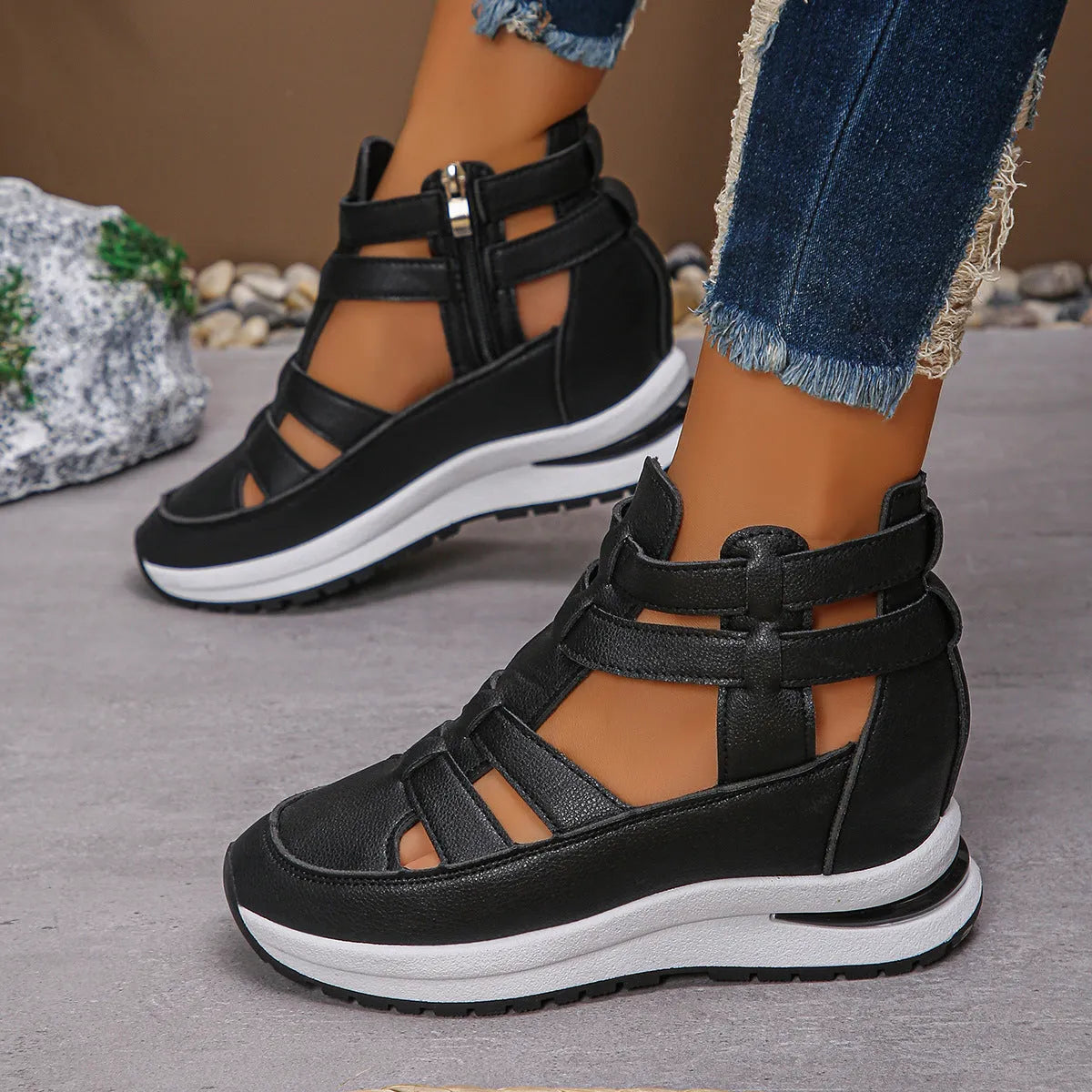 Women's black close-toed hollow-out platform sandals with Velcro fastening