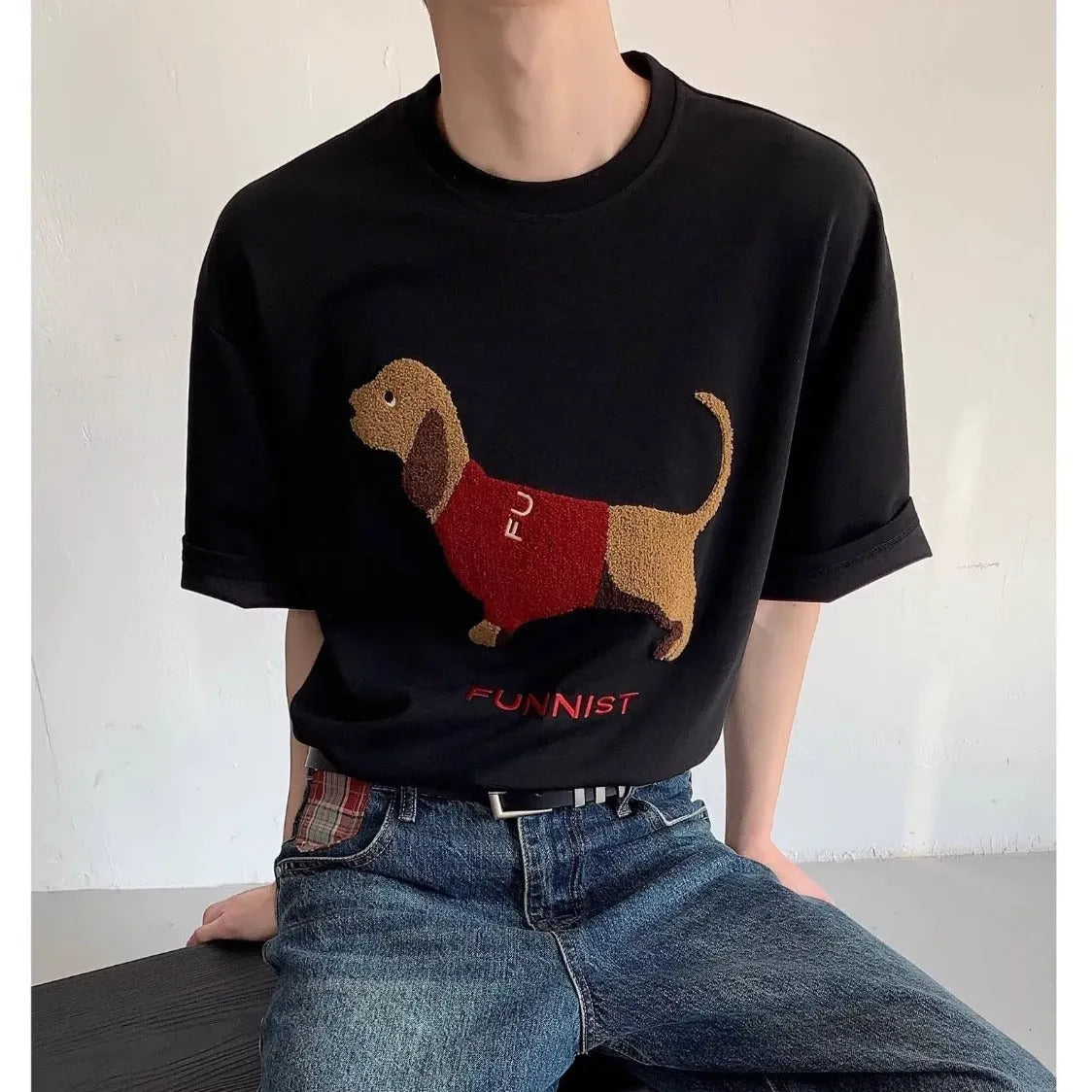 Men's grey cotton t-shirt with embroidered sausage dog design on front, short sleeves, round neck
