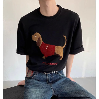 Men's grey cotton t-shirt with embroidered sausage dog design on front, short sleeves, round neck