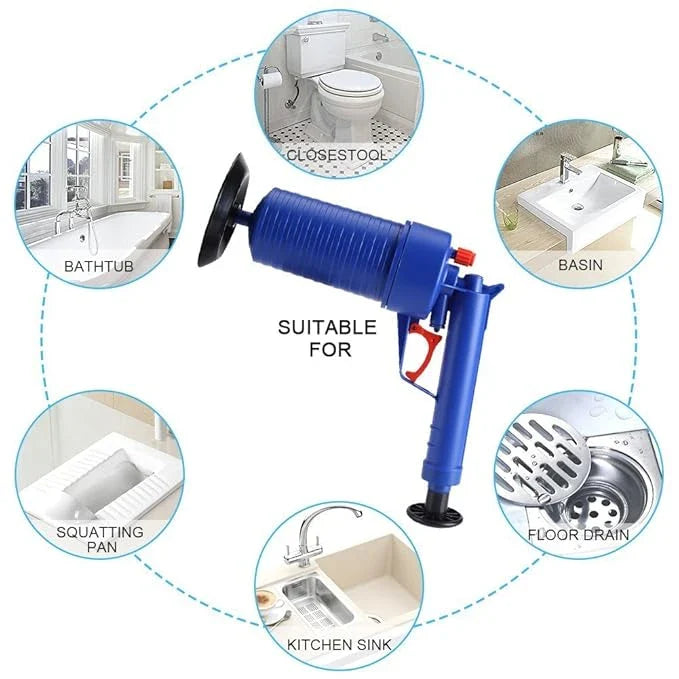 Air Drain Blaster - A high-pressure air-powered drain cleaner that quickly clears clogged sinks, tubs, and toilets without harsh chemicals.