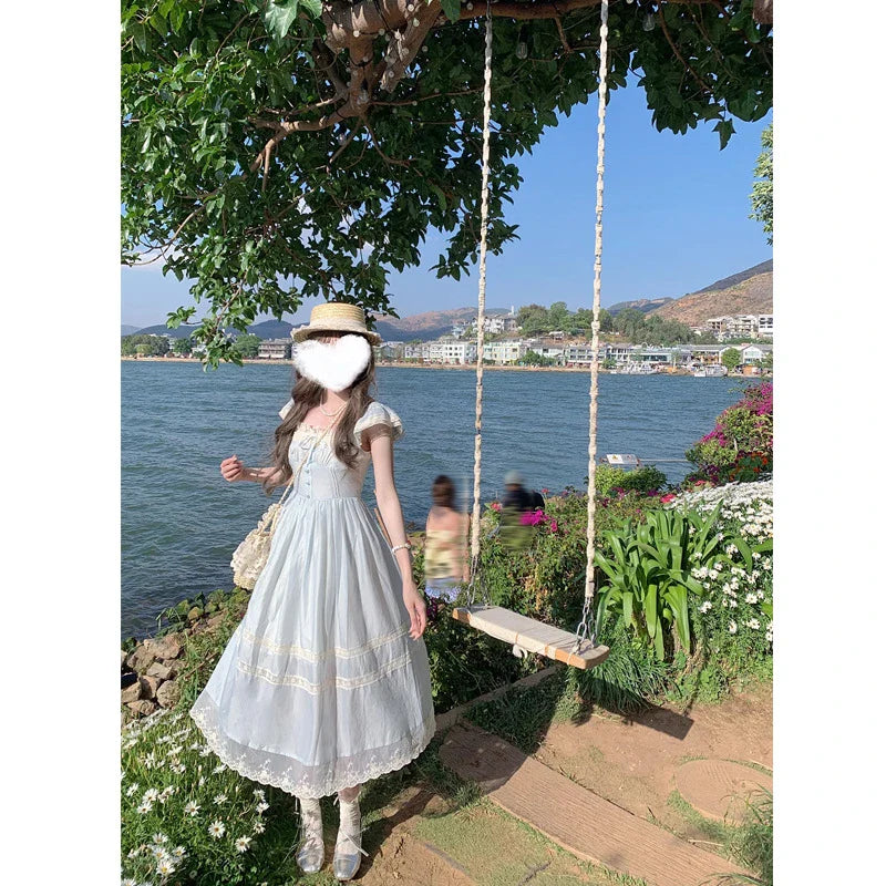 Lace Bow Blue Long Dress - Elegant, feminine, and flattering silhouette with premium polyester fabric and delicate lace accents