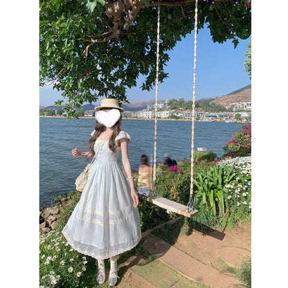 Lace Bow Blue Long Dress - Elegant, feminine, and flattering silhouette with premium polyester fabric and delicate lace accents