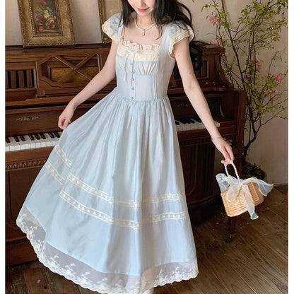 Lace Bow Blue Long Dress - Elegant, feminine, and flattering silhouette with premium polyester fabric and delicate lace accents