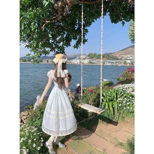 Lace Bow Blue Long Dress - Elegant, feminine, and flattering silhouette with premium polyester fabric and delicate lace accents