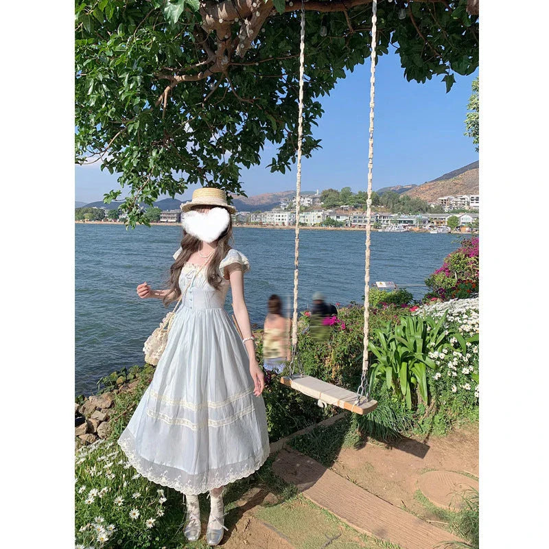 Lace Bow Blue Long Dress - Elegant, feminine, and flattering silhouette with premium polyester fabric and delicate lace accents