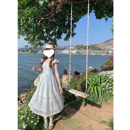 Lace Bow Blue Long Dress - Elegant, feminine, and flattering silhouette with premium polyester fabric and delicate lace accents