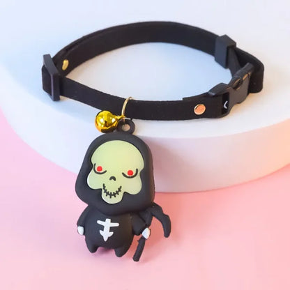Collaween Halloween Pet Collar Adornment with glowing pumpkin and skull designs, providing a comfortable and stylish way to keep your pet safe and visible during the spooky season.