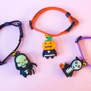 Collaween Halloween Pet Collar Adornment with glowing pumpkin and skull designs, providing a comfortable and stylish way to keep your pet safe and visible during the spooky season.