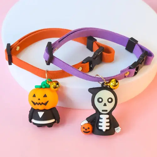 Collaween Halloween Pet Collar Adornment with glowing pumpkin and skull designs, providing a comfortable and stylish way to keep your pet safe and visible during the spooky season.