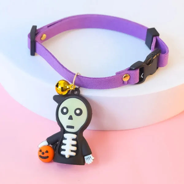 Collaween Halloween Pet Collar Adornment with glowing pumpkin and skull designs, providing a comfortable and stylish way to keep your pet safe and visible during the spooky season.