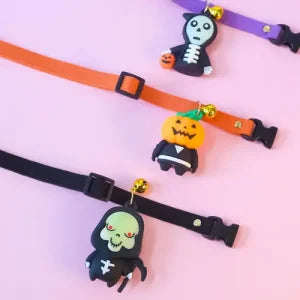 Collaween Halloween Pet Collar Adornment with glowing pumpkin and skull designs, providing a comfortable and stylish way to keep your pet safe and visible during the spooky season.