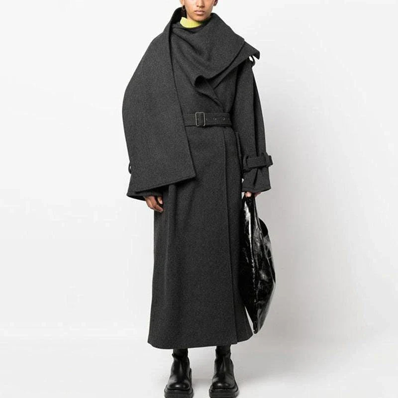 Casual Chic Spliced Belt Coat with Scarf Collar - Elegant outerwear for autumn and winter