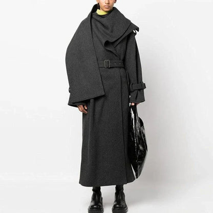 Casual Chic Spliced Belt Coat with Scarf Collar - Elegant outerwear for autumn and winter