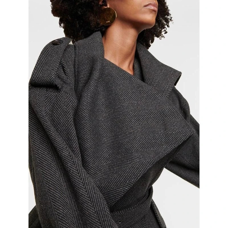 Casual Chic Spliced Belt Coat with Scarf Collar - Elegant outerwear for autumn and winter
