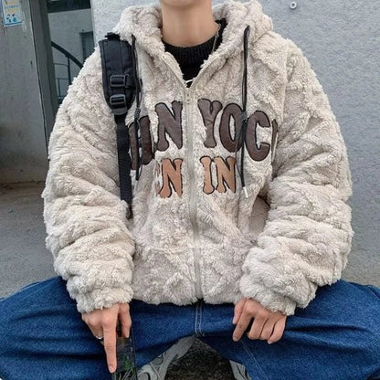 A cozy and stylish American retro-inspired lamb wool padded coat in apricot color, featuring a loose fit and long sleeves
