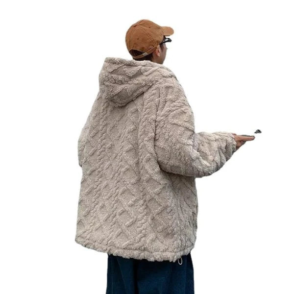 A cozy and stylish American retro-inspired lamb wool padded coat in apricot color, featuring a loose fit and long sleeves